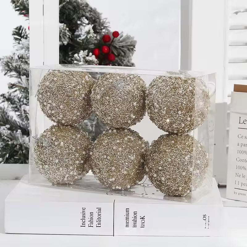 🎄6 Pcs 4 Inch Christmas Ball Ornaments for Tree Glitter Sequin Foam Hanging Ornaments Champagne Christmas Ball Decorations for Xmas Holiday Party