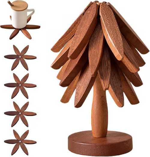 🎄Christmas Flash Sale 49% OFF✨QIAWI™ Natural Tree Trivet Set - 4 Bamboo Trivets & 1 Stand Like a Christmas Tree