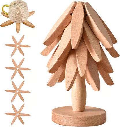 🎄Christmas Flash Sale 49% OFF✨QIAWI™ Natural Tree Trivet Set - 4 Bamboo Trivets & 1 Stand Like a Christmas Tree