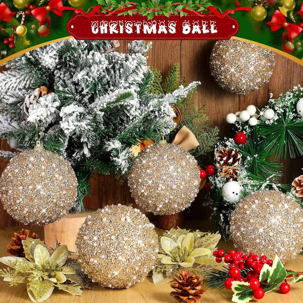 🎄6 Pcs 4 Inch Christmas Ball Ornaments for Tree Glitter Sequin Foam Hanging Ornaments Champagne Christmas Ball Decorations for Xmas Holiday Party