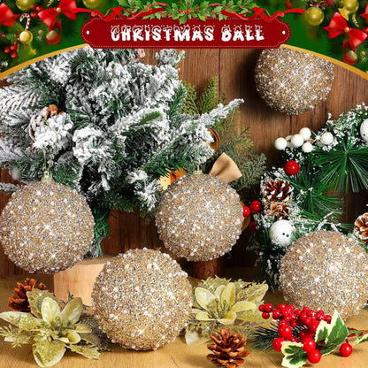 🎄6 Pcs 4 Inch Christmas Ball Ornaments for Tree Glitter Sequin Foam Hanging Ornaments Champagne Christmas Ball Decorations for Xmas Holiday Party