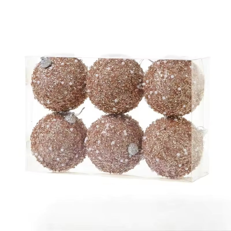 🎄6 Pcs 4 Inch Christmas Ball Ornaments for Tree Glitter Sequin Foam Hanging Ornaments Champagne Christmas Ball Decorations for Xmas Holiday Party