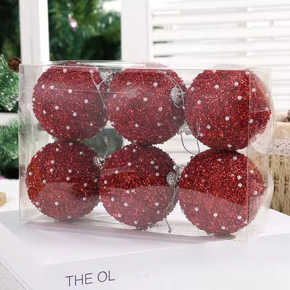 🎄6 Pcs 4 Inch Christmas Ball Ornaments for Tree Glitter Sequin Foam Hanging Ornaments Champagne Christmas Ball Decorations for Xmas Holiday Party