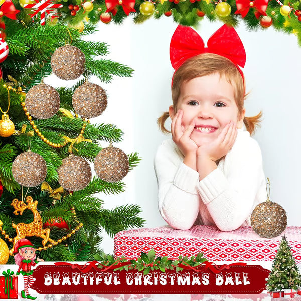 🎄6 Pcs 4 Inch Christmas Ball Ornaments for Tree Glitter Sequin Foam Hanging Ornaments Champagne Christmas Ball Decorations for Xmas Holiday Party