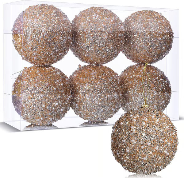 🎄6 Pcs 4 Inch Christmas Ball Ornaments for Tree Glitter Sequin Foam Hanging Ornaments Champagne Christmas Ball Decorations for Xmas Holiday Party