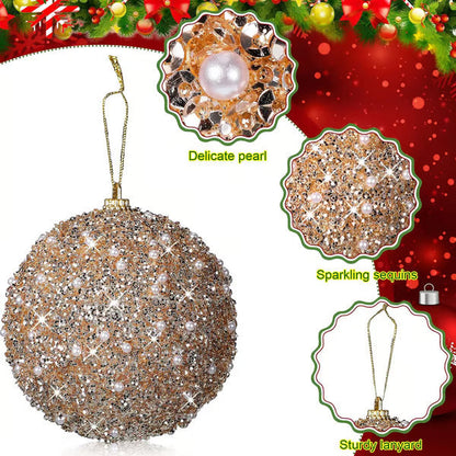 🎄6 Pcs 4 Inch Christmas Ball Ornaments for Tree Glitter Sequin Foam Hanging Ornaments Champagne Christmas Ball Decorations for Xmas Holiday Party