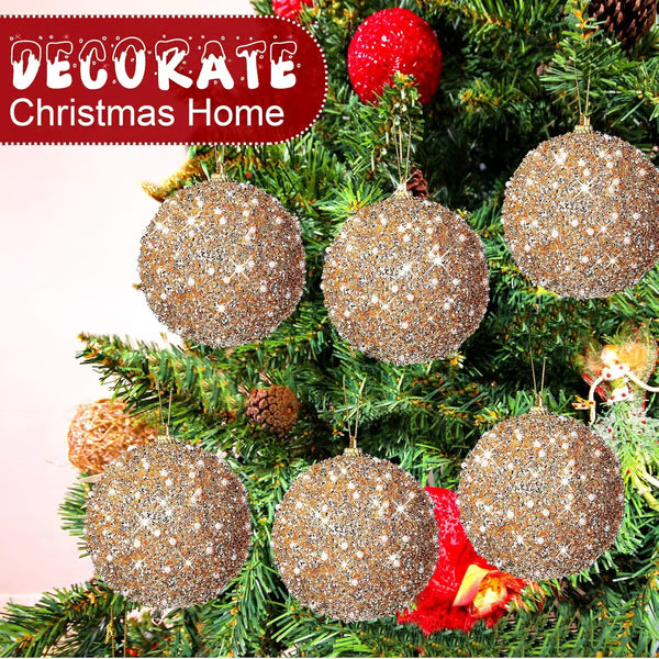🎄6 Pcs 4 Inch Christmas Ball Ornaments for Tree Glitter Sequin Foam Hanging Ornaments Champagne Christmas Ball Decorations for Xmas Holiday Party