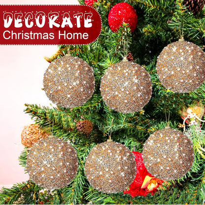 🎄6 Pcs 4 Inch Christmas Ball Ornaments for Tree Glitter Sequin Foam Hanging Ornaments Champagne Christmas Ball Decorations for Xmas Holiday Party