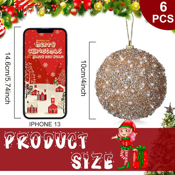 🎄6 Pcs 4 Inch Christmas Ball Ornaments for Tree Glitter Sequin Foam Hanging Ornaments Champagne Christmas Ball Decorations for Xmas Holiday Party